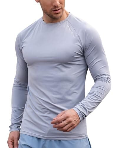 USKOY Men‘s UPF 50+ Long Sleeve Rash Guard Shirt, Quick Dry Athletic Sun Shirt for Swimming, Running, Workout Lilac Gray M - Image 1