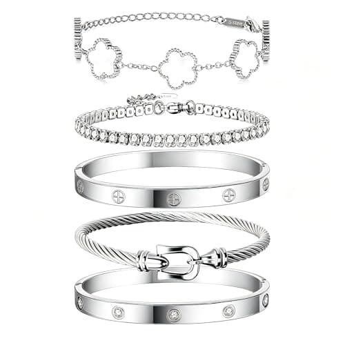 JINDETAI Stackable Silver Bracelets for Women - 3/4/5 Sets, Non-Tarnish Stainless Steel & Sterling Silver Trendy Stackable Bangle Jewelry Set, Gifts for Valentine's Day, Birthday, Prom and Christmas