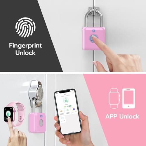 Fingerprint Padlock eLinkSmart Gym Locker Lock for Girls Women with Phone App iOS Watch Metal Keyless Combination Locks for School Sports Locker Toolbox Hasp Storage Pink - Thumbnail 5