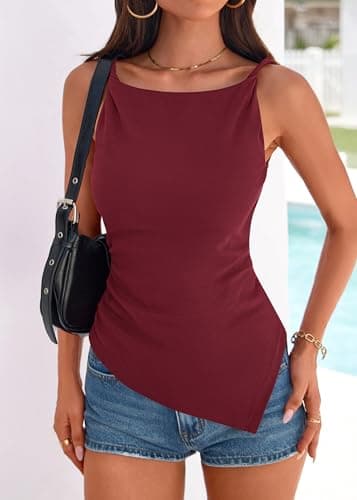 KIRUNDO Going Out Tops for Women 2026 Summer Twist Straps Asymmetrical Ruched Tank Top Slim Fit Sleeveless Shirts Y2K Clothes(Burgundy, X-Large) - Thumbnail 3