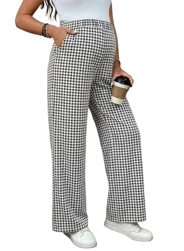 BLENCOT Maternity Comfy Checkered Loungewear Pants Casual Pajamas Pants Women's Adjustable Waisted Grid Wide Leg Trousers Black Plaid XL - Image 1