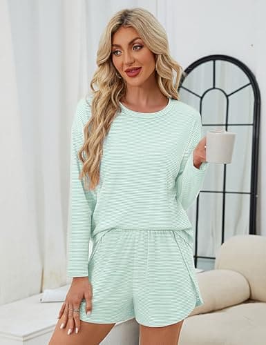 JUSTFASHIONNOW Lounge Sets for Women Short Pajamas Set 2 Piece Fall Outfits Stripe Sleepwear Long Sleeve Split Shorts Sets Casual Sweatsuit Holiday Loungewear Cute Pjs (Cyan, XX-Large) - Thumbnail 3