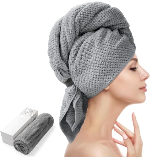 YFONG Large Hair Towel Wrap for Women, Super Absorbent Microfiber Hair Towel for Curly Hair, Fast Drying Hair Turbans with Elastic,Hair Drying Towel Wrap for Hair Care 26.3" X 40" (Dark Gray)