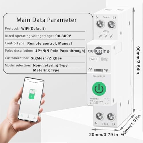 WiFi Smart Switch, 1-63A Adjustable WiFi Circuit Breaker, Smart Life/Tuya APP Remote Control Monitor Voltage Power Energy Usage, Compatible with Alexa Google Home, DIN Rail Mountable - Thumbnail 2