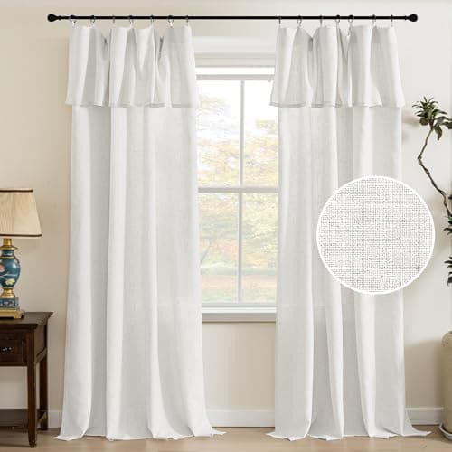 PrinceDeco Linen Curtains with Attached Valance for Living Room 95 inch Length 2 Panels Set,Light Filtering Farmhouse Curtains for Bedroom Privacy Window Treatment Not See Through,W52 x L95, White - Image 1