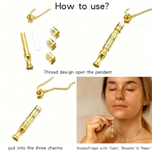 Fidget Necklace with Spinning Calm, Breathe, Relax Charms - Sensory Anxiety Relief & Deep Breathing Aid Stainless Steel Necklaces for Women Men (Gold) - Thumbnail 5