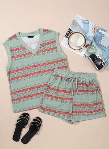 Dokotoo Women's Summer 2 Piece Outfits Geo Striped V-Neck Tank and Shorts Going Out Set Loose Fit Sleeveless Tops Tie Waist Shorts with Pockets Green Stripe X-Large - Thumbnail 4
