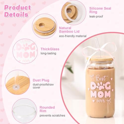 LANGASQUE Dog Mom Gift for Women, 16oz Glass Cup with Lids Straws Pink Bow Gift Box, Christmas Dog Lover Gifts, Dog Mom Gift for Birthday Mothers Day - Thumbnail 6