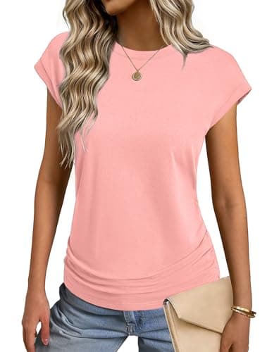 GKBK Womens Summer Cotton Tops Ruched Cap Short Sleeve Tshirts Crew Neck Shirts Fashion Coral XL - Image 1
