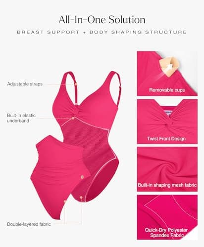 Popilush One Piece Swimsuit for Women Tummy Control Shapewear Bathing Suits Twist Front Ruched Swimwear Pink - Thumbnail 4