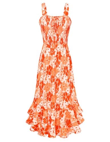 GRACE KARIN Women's 2025 Summer Floral Boho Dress Square Neck Strapped Swing A Line Sundress Beach Long Maxi OutfitsOrange L - Image 1