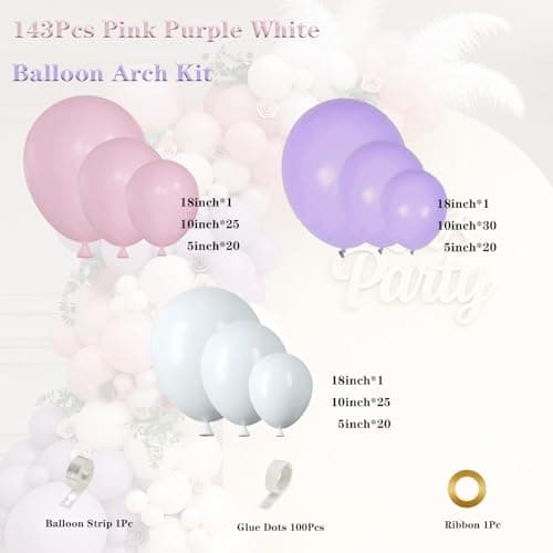 Pink Purple White Balloon Garland Arch Kit 143Pcs Lavender Light Pastel Purple Pink White Latex Balloons for Butterfly Bridal Shower Birthday Wedding Party Decorations - Thumbnail 2