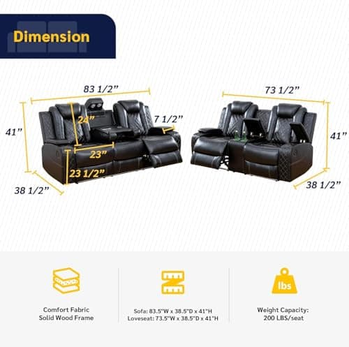 Max Power Recliner Living Room Set with LED for Living Room, Dormitory, Guest House, Playroom, Airbnb,Apartment - Thumbnail 2