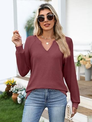 GKBK Womens Sweatshirts Long Sleeve V Neck Tops Fall Winter Basic Casual Lightweight Pullover Shirt Wine - Thumbnail 5