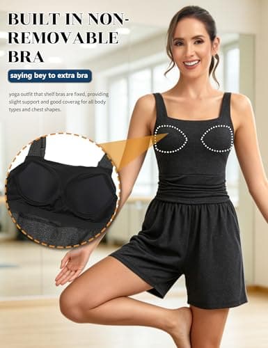 SLIMBELLE Built In Bra Athletic Rompers For Women Summer Square Neck Adjustable Strap Pleated Waist Pockets Short Jumpsuit One Piece Outfits BLACK S - Thumbnail 3