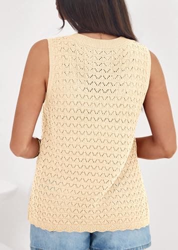 KIRUNDO Crochet Tops for Women 2026 Spring Summer Sleeveless Sweater Vest Tank Top Knit Pullover Beach Vacation Outfits (Beige, Medium) - Thumbnail 2