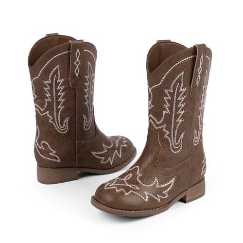 Modatope Brown Toddler Cowgirl Boots Cowboy Boots for Girls Brown Western Boot Flat Heel Pull On Round Toe Classic Embroidery Booties for Girls Horse Riding Party Little Girl Big Kid Big Kid 2 - Thumbnail 5