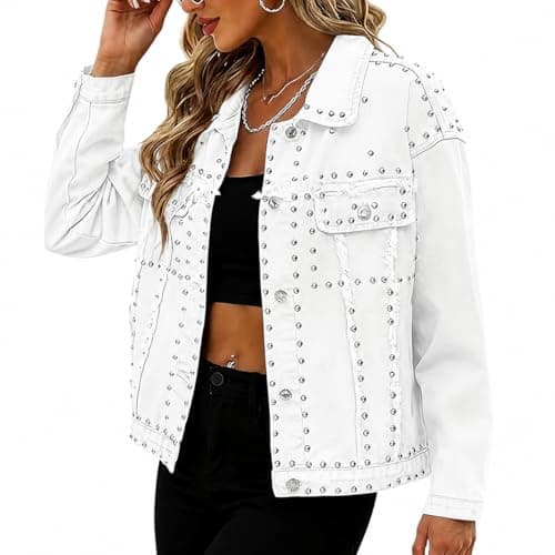 Huang's Women's Embellished Denim Jacket with Shiny Studs Non-Stretch Heavyweight Cotton, Classic Fit, Distressed Detailing Coat (US, Alpha, Medium, Regular, Regular, T228) - Image 1