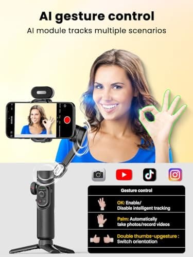 AOCHUAN XE AI Version,Gimbal Stabilizer for Smartphone,NO APP AI Tracking, Gesture Control,360°Inception Gimbal with TikTok YouTube,3-Axis Foldable Handheld Tripod for iPhone& Android,Black - Thumbnail 3