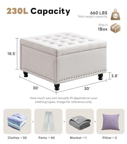 Tbfit Large Square Storage Ottoman Bench, Botton Tufted Upholstered Coffee Table with Wooden Legs, Oversized Storage Ottomans Toy Box Footrest for Living Room, Apartment, Beige - Thumbnail 2