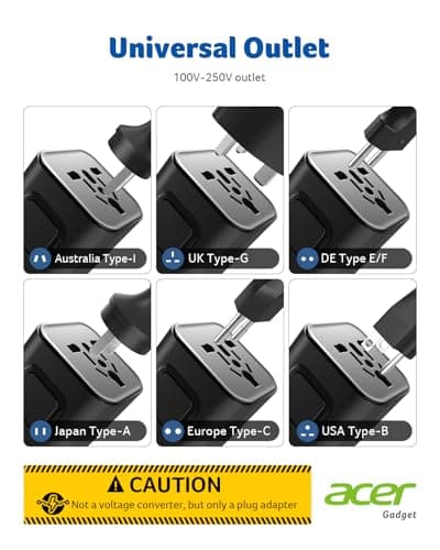 Acer US to Europe Plug Adapter, Universal Travel Adapter, International Power Adapter for USA to Europe UK France Germany Spain Ireland Australia (Type C/G/A/I),Black - Thumbnail 5