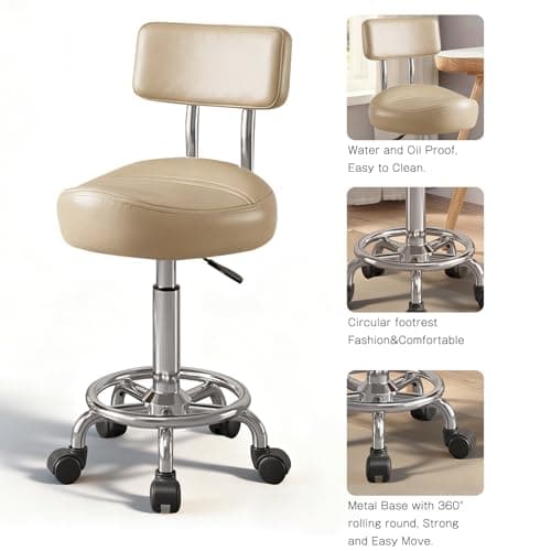 Walktory Vanity Chair with Back Small Armless Office Chair with Wheels and Footrest, PU Leather Adjustable Height Swivel Chair for Bedroom, Home Office Khaki - Thumbnail 4