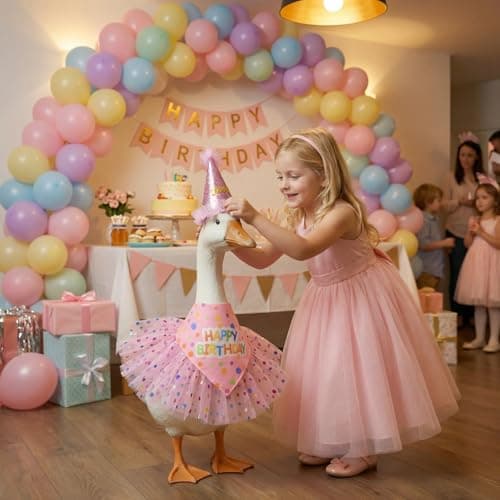 yuboo Pink Birthday Porch Goose Outfit, Tulle Skirt, Glitter Hat & Bandana Fits 17" to 23" Cement Plastic Lawn Geese Summer Garden Decor Statue Clothes - Thumbnail 4