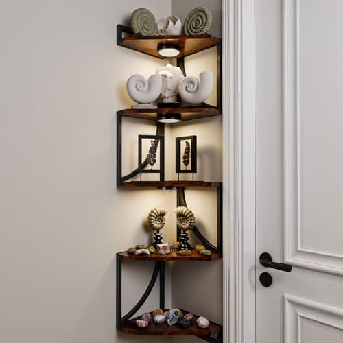 HAAYOT Corner Shelf Wall Mounted with Lights, 5-Tier Floating Metal Shelves for Living Room, Bedroom, Rustic Brown - Thumbnail 5