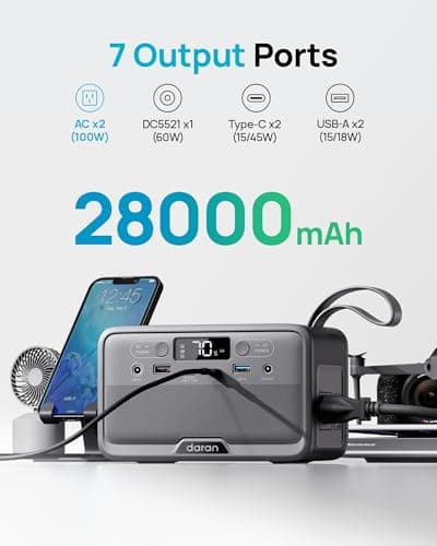 Portable Power Station 28,000mAh LiFePO4 Battery 100W(200W Peak) Solar Power Bank, Portable Charger Small Generator with AC Outlets & PD Fast Charging for Home/Laptop/Camping(Solar Panel Optional) - Thumbnail 2