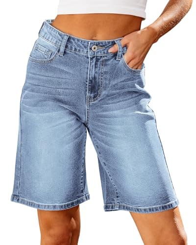 luvamia Bermuda Jean Shorts for Women High Waisted Trendy Stretchy Denim Shorts Knee Length Cutoff Loose Fit Long Shorts Lagoon Blue Size X-Large Fits US 16-18 - Image 1