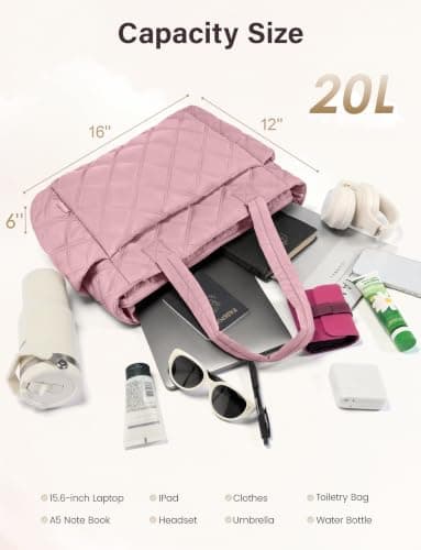 Uselike Tote Bag for Women, Lightweight Puffer Tote Work Bags with Compartments for Travel, Quilted Shoulder Bag with Zipper (Mauve Pink) - Thumbnail 6