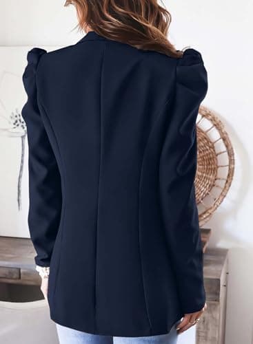 KIRUNDO Women's 2026 Spring Fall Casual Blazers Puff Sleeve Lapel Open Front Work Suit Office Blazer Jackets with Pockets (Dark Blue, Medium) - Thumbnail 3