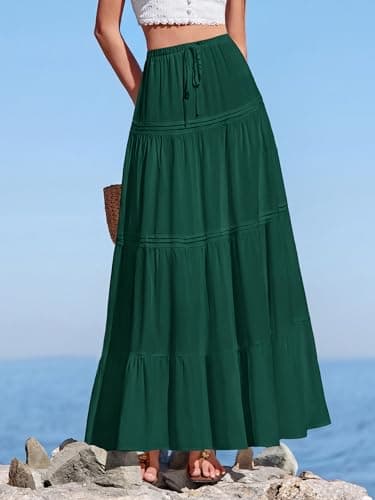 BTFBM Spring Skirts for Women 2026 Summer Boho Beach Vacation Clothes Casual Pleated High Waisted Flowy Maxi Skirt(Green, Small) - Thumbnail 6
