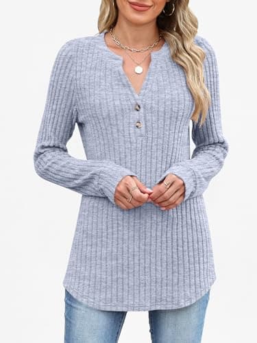 ANRABESS Womens Henley Shirts Long Sleeve Tunic Tops 2025 Fall Fashion Outfits Ribbed Knit Sweaters Ladies Casual Clothes Blue - Thumbnail 4