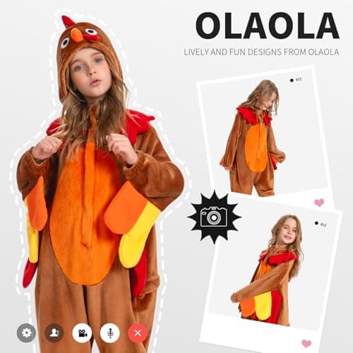 OLAOLA Turkey Kids Onesie, Thanksgiving Unisex Animal Onesies, Plush Cosplay Pajamas for Girls Boys, One Piece Sleepwear Halloween Costume - Thumbnail 4