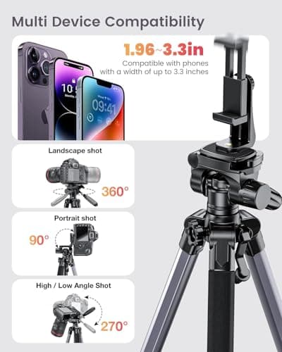 CAMBOFOTO 74″ Aluminum Camera Tripod – Heavy‐Duty Professional Tripod Stand for DSLR & Mirrorless Cameras, Smartphones & GoPro – Lightweight Travel Tripod with 360° Pan Head & Phone Mount - Thumbnail 5