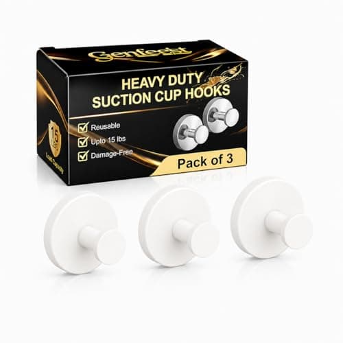Genfest Suction Cup Hooks, Shower Hooks No Drill, Heavy Duty Wall Hooks for Hanging 15lbs, Reusable Waterproof Towel Hooks for Bathrooms Kitchen Glass Door Tile, Stainless Steel Hook Holder 3 Pack - Image 1