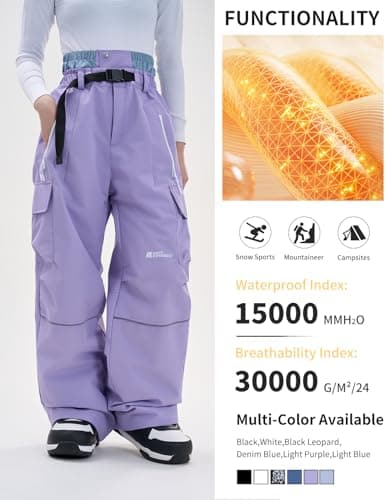 HIGH EXPERIENCE Snowboard Pants for Women Men Baggy Ski Pants Loose Warm Insulation Waterproof Windproof (Light Purple, X-Small) - Thumbnail 4