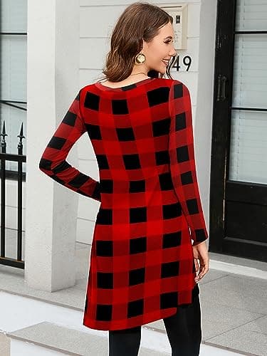 KORSIS Dresses for Women Black Red Plaid X-Large Long Sleeve Round Neck Casual Button Side T Shirts Loose Fitting Girls Christmas Sweater Fall Winter Tunic Dress - Thumbnail 4