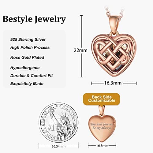 Bestyle Silver Heart Locket Rose Gold Plated Celtic Knot Pendant Necklace Memorial Message Photo Locket Necklace for Women, Love Statement Necklace Gift, 18“+2” Chain - Thumbnail 6