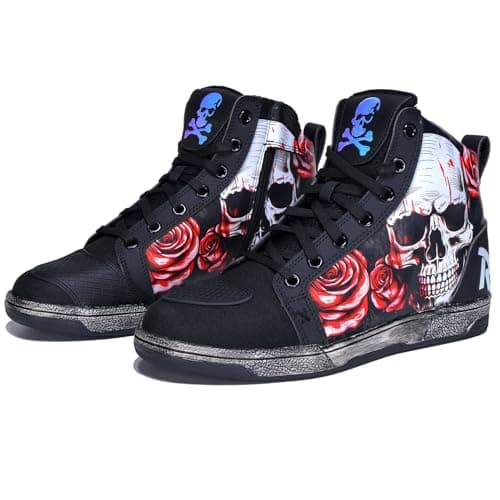 GXZUORUI Retro Skull & Rose Motorcycle Riding Shoes for Men Women, Casual Daily Wear Motocross Sneakers with Side Zipper, Ankle Support & Anti-Slip Protective Footwear (Red, Adult, Men, 12, Numeric, US Footwear Size System, Medium)