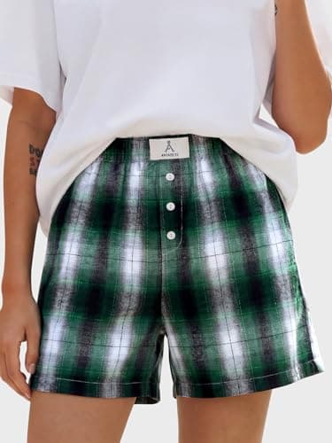 ANRABESS Shorts for Women 2026 Summer Casual Lounge Pajama Sleep Gingham Boxer Shorts Soft Comfy Beach Pj Bottoms Pockets Green Black Plaid X-Large - Thumbnail 2