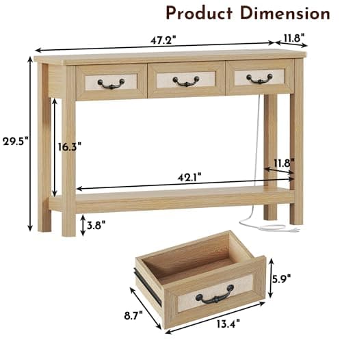 HUAHUU 47.2" Console Table with 3 Rattan Drawers, Long Sofa Table with Storage Behind Couch, Modern Entryway Table with Power Outlet & Open Shelf for Entrance/Hallway/Foyer/Living Room, Natural - Thumbnail 2