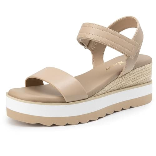 Athlefit Espadrille Wedge Sandals for Women, Open Toe Ankle Strap Low Wedge Heel Platform Sandals for Summer, Nude Size 7, SAPS2617W - Image 1