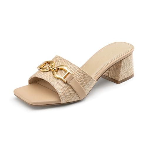 Athlefit Raffia Heeled Sandals for Women Mules Square Peep Toe Chunky Block Heels Slip On Comfortable Casual Slide Sandals Natural Size 9.5 - Image 1
