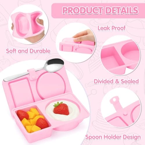 Dalycro Silicone Snack Containers with Lids – Reusable Snack Containers with Double Compartments for Adults Mini Silicone Food Box Perfect for Travel Lunch Gym (Pink) - Thumbnail 3
