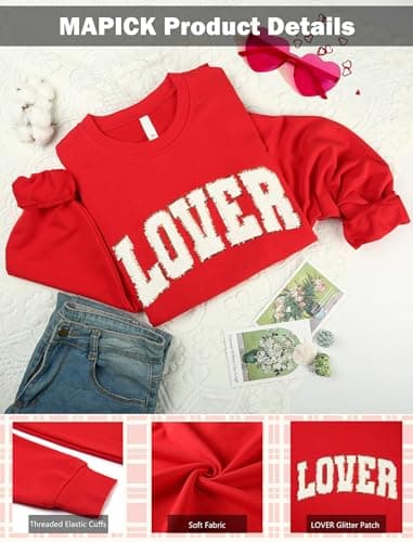 MAPICK Lover Sweatshirt for Women Long Sleeve Glitter Chenille Patch Letter Oversized Crewneck Tee Tops(Red, Small) - Thumbnail 5