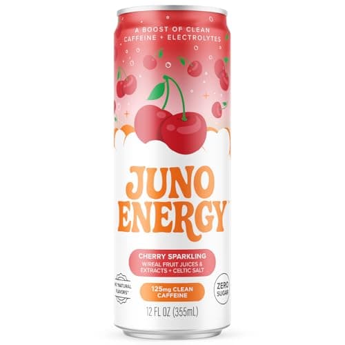 JUNO ENERGY Organic Cherry Sparkling Energy Drink - Sugar Free, Energizing and Hydrating with 125mg Organic Caffeine from Green Coffee Beans, Stevia, Organic Sour and Black Cherry Juice & Electrolytes - Vegan, Gluten Free, 12 Pack - Thumbnail 4
