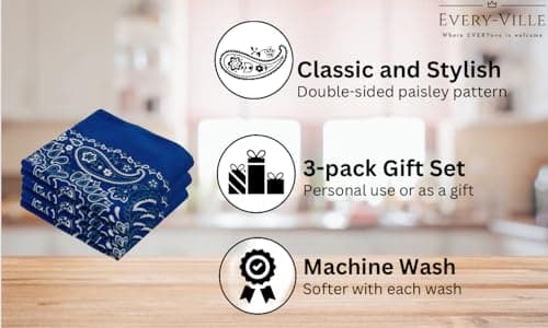 EVERY-VILLE Where EVERYone is Welcome Navy Blue Bandanas - 3 Pack Gift Set, 100% Cotton, Paisley, 22x22 Inches - Thumbnail 3