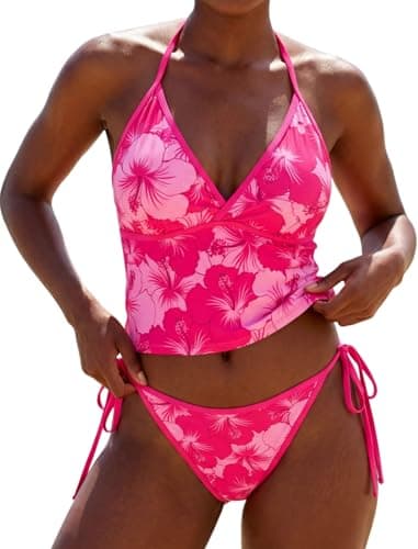Jillumi Tankini Swimsuits for Women Floral Printed Halter Swimsuits Tie Side Chic Tankini Set Bathing Suits Cute High Cut Two Piece Bikini Sets Rose Red Flower L - Image 1